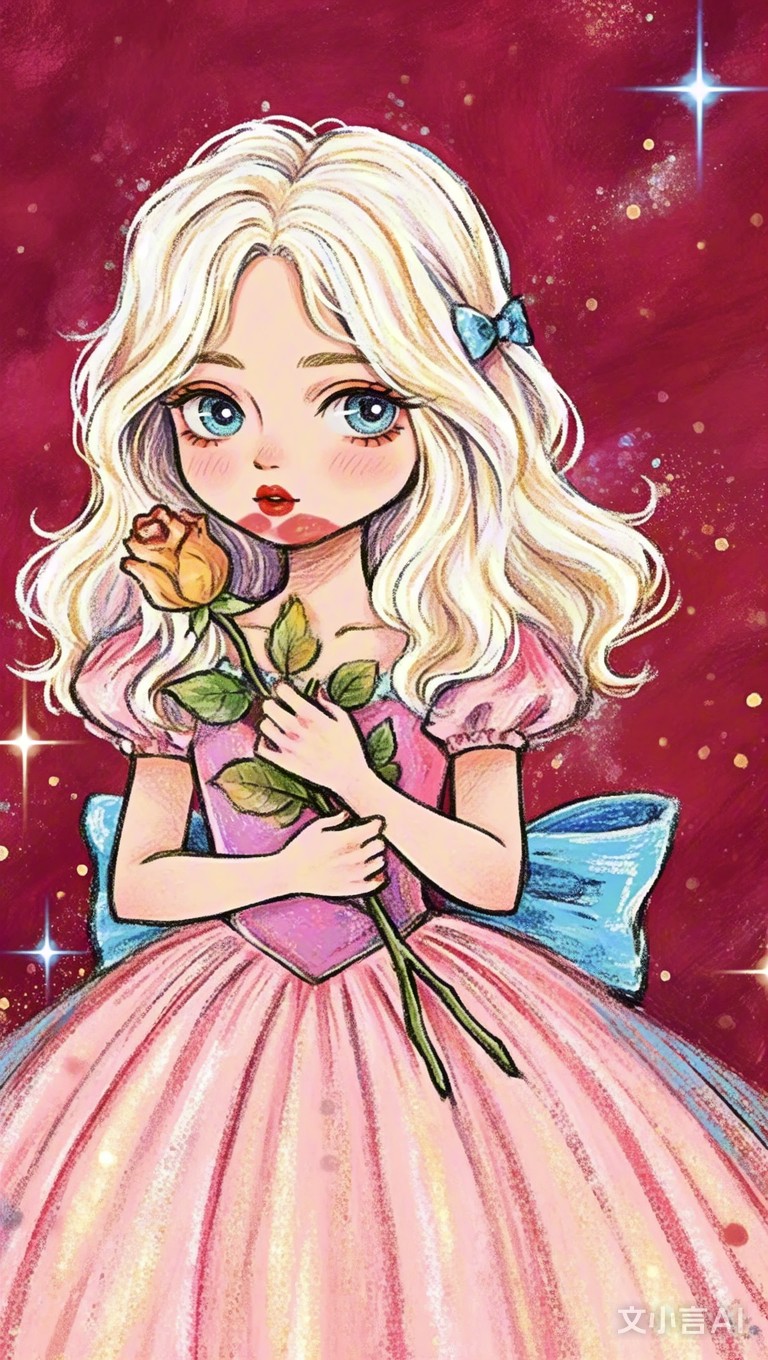 金发公主身着粉色长裙,手持玫瑰,背景的星光璀璨,整体画面梦幻又浪漫
