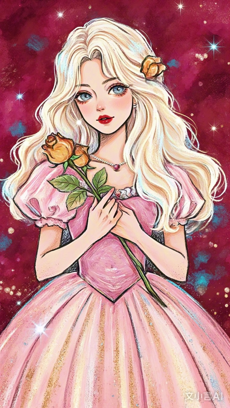 金发公主身着粉色长裙,手持玫瑰,背景的星光璀璨,整体画面梦幻又浪漫