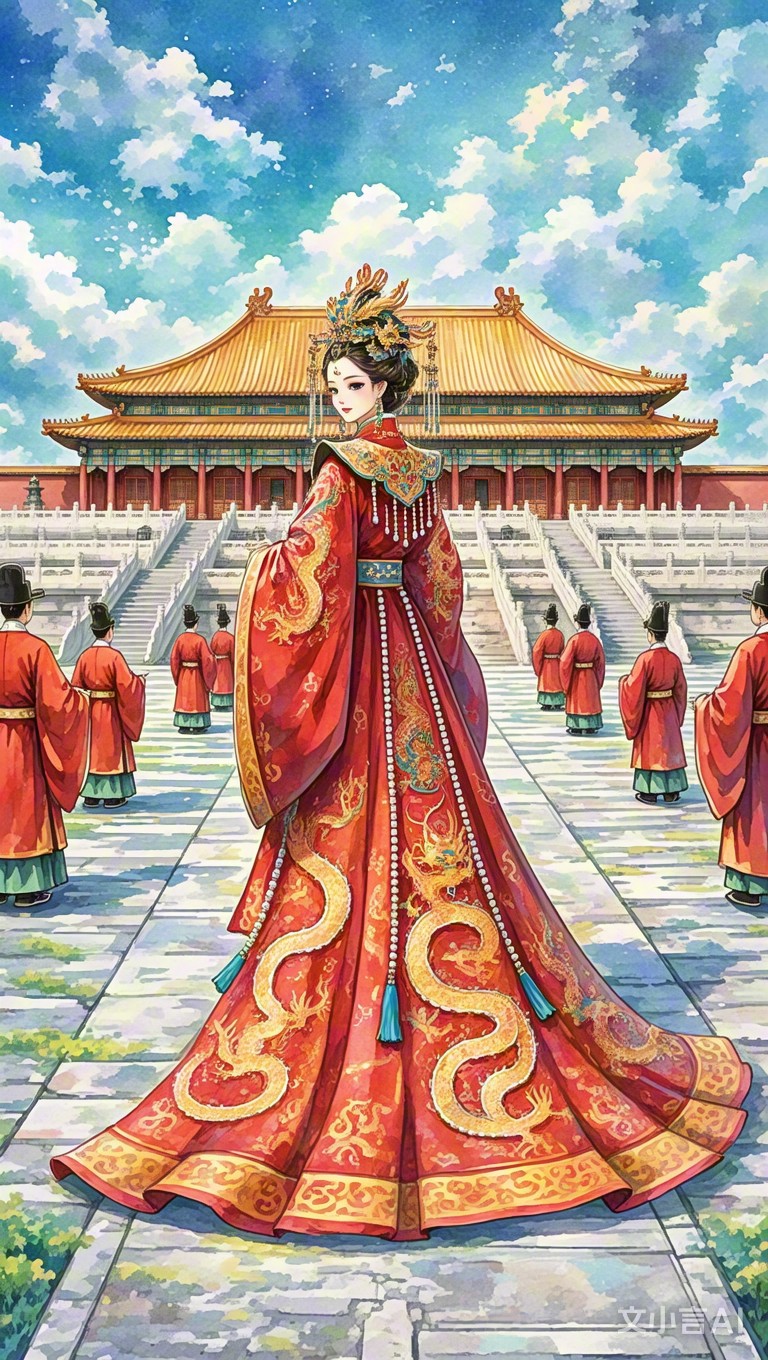在水彩画风的古代皇宫宫殿上,皇后娘娘以红色镶金边汉服亮相,气势