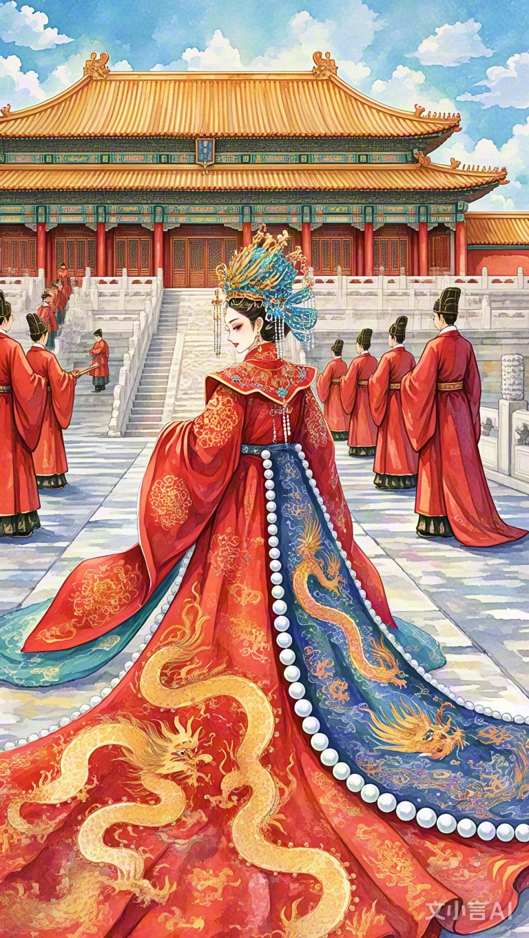 在水彩画风的古代皇宫宫殿上,皇后娘娘以红色镶金边汉服亮相,气势