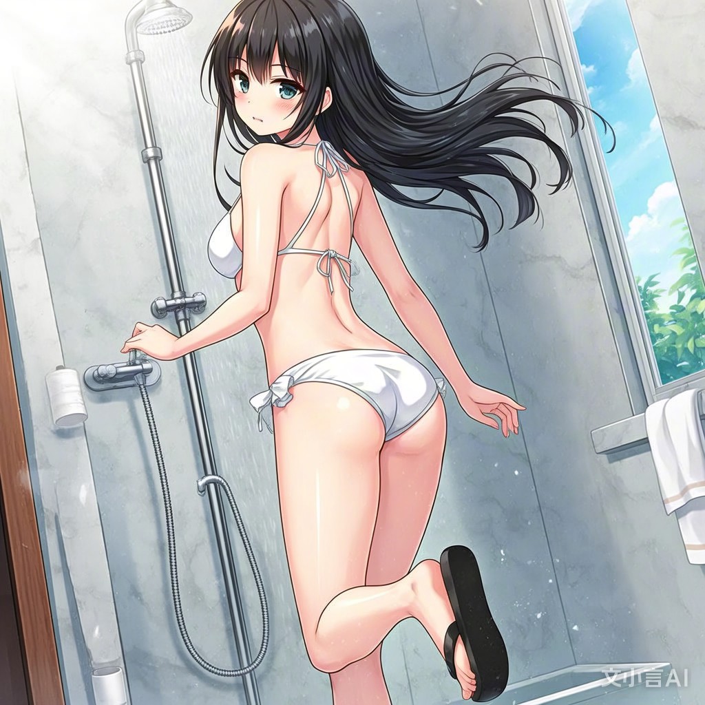 在浴室里洗澡的比基尼美女 一个身着白色比基尼的美女