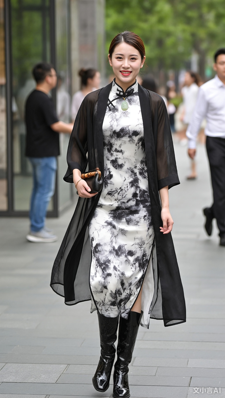 水墨画旗袍   黑色漆皮牛仔靴旗袍