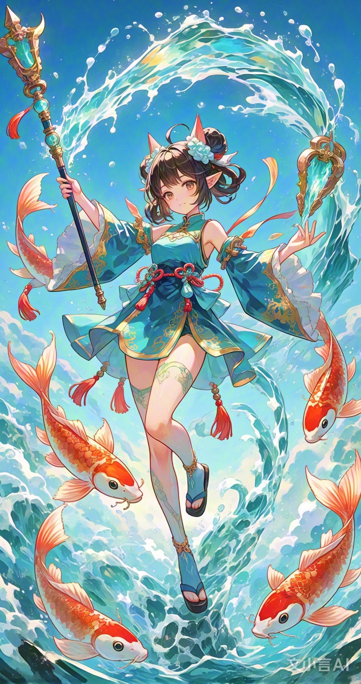灵动少女执法杖,锦鲤伴舞水波漾